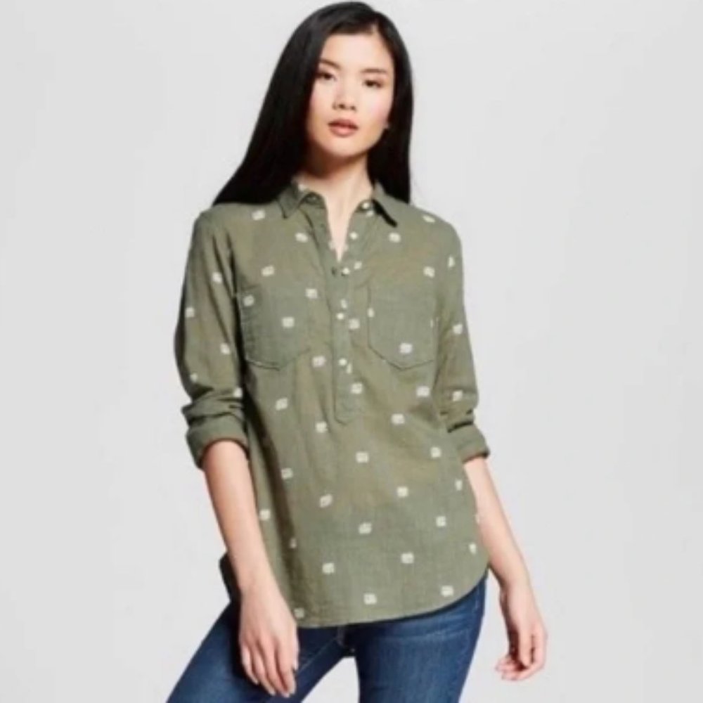 Merona Long Sleeve Button Front Blouse w/ Elephant Print Olive Medium